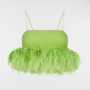 Oseree NEW Lumiere Plumage Ostrich Feather Lime Green Glitter Crop Bra Top NEW